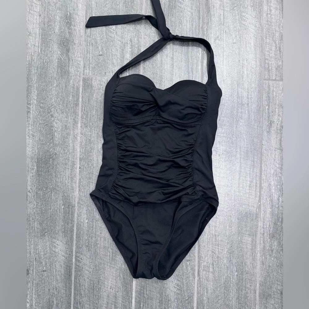 LA BLANCA Shirred‎ One Piece Halter Swimsuit Black Womens US 4
